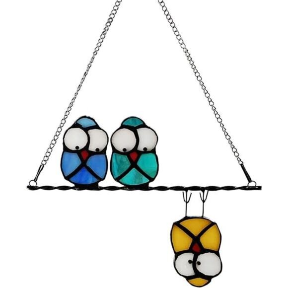 Multicolor Owl on a Wire Stained Glass Window Hanging,Bird Suncatcher for Window - Picture 8 of 8